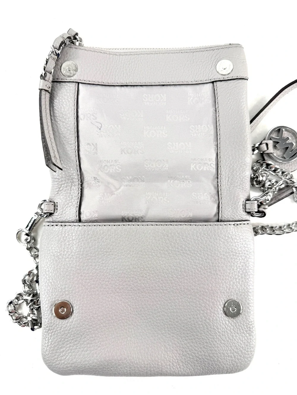 Michael Kors Gray Leather Mini Fold Over Crossbody Bag Chain Strap Charm 1606